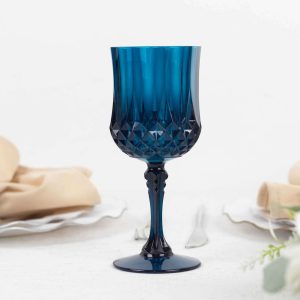 6-Pack Transparent Plastic Crystal Cut Wine Glasses 8oz, Navy Blue - Shatterproof Cocktail Goblets - Pack of 6 Goblets